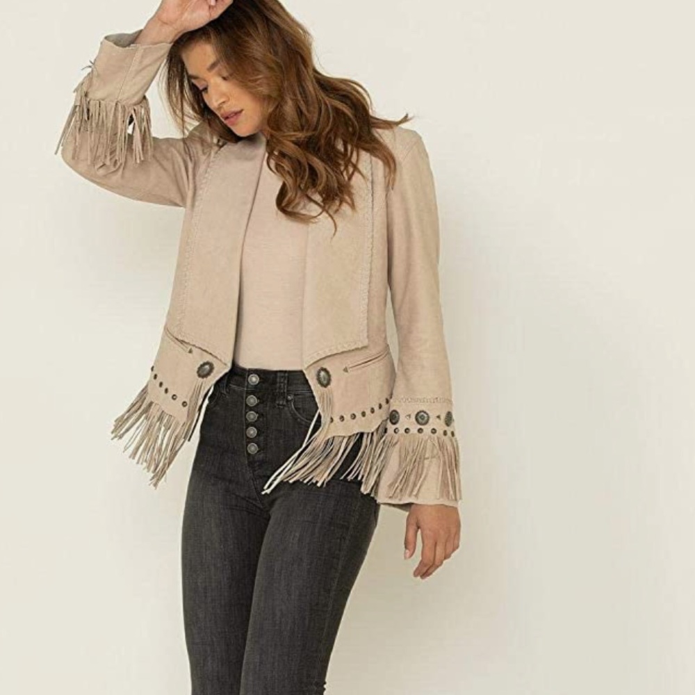Women's Cream Leather Fringe Jacket